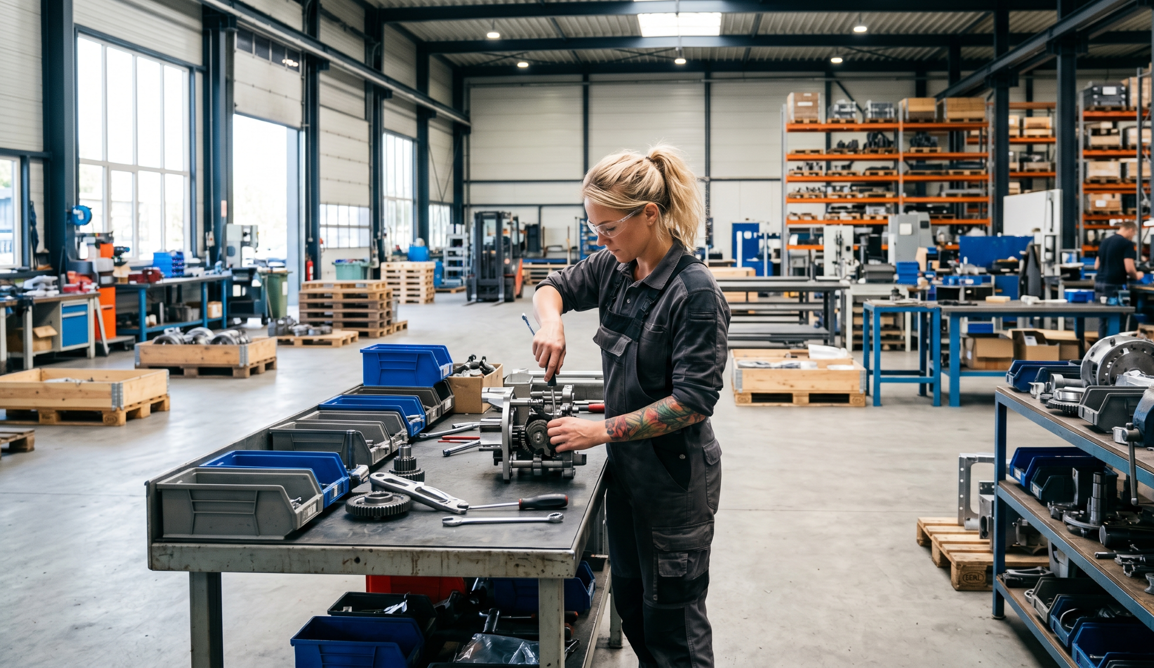 Female technician in a dark jumpsuit assembling gears at a metal workbench in an industrial workshop.