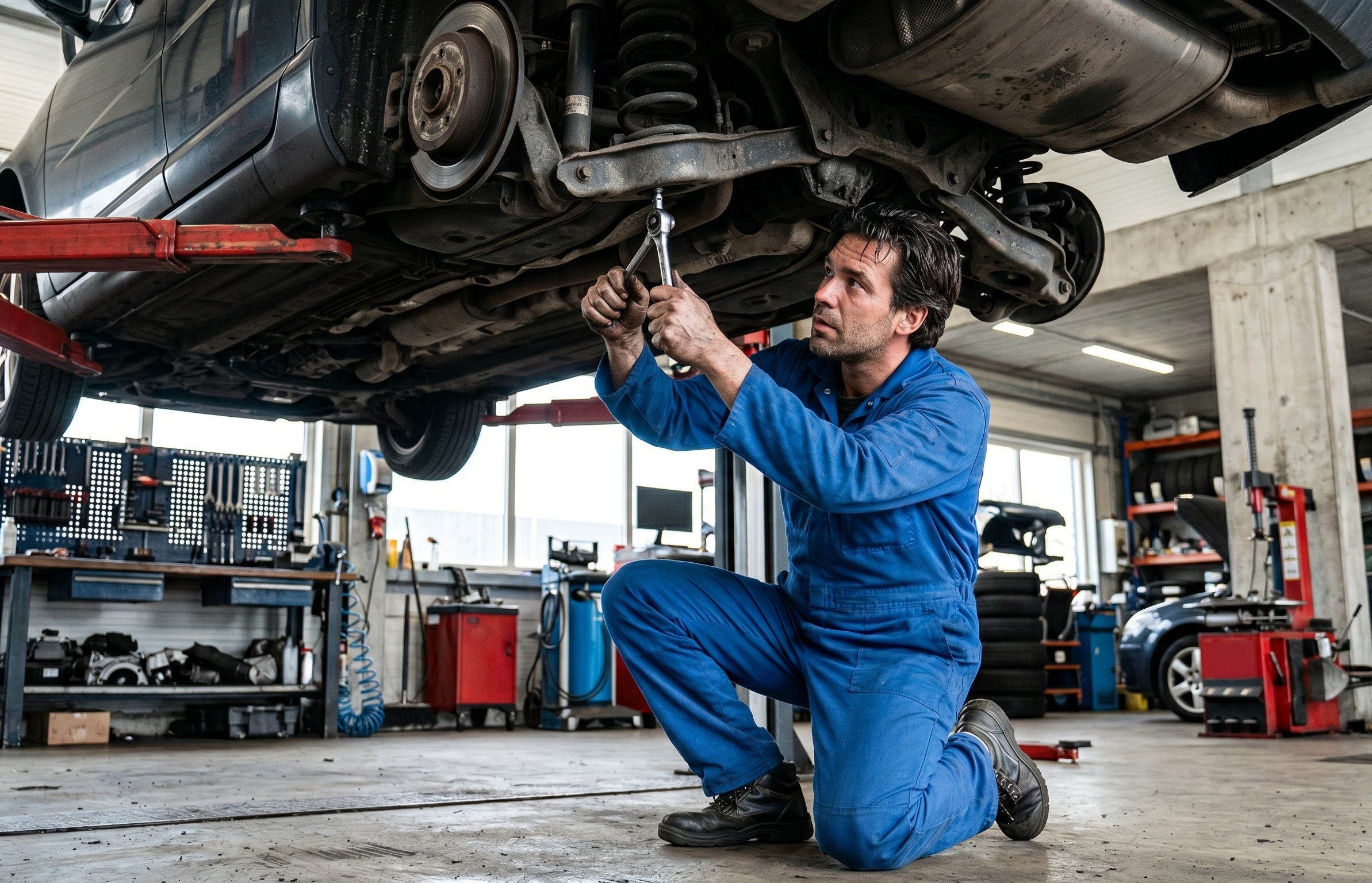 Mechanic in blue coveralls kneels under a car lifted on a hydraulic lift, using a wrench and ratchet on a bolt.