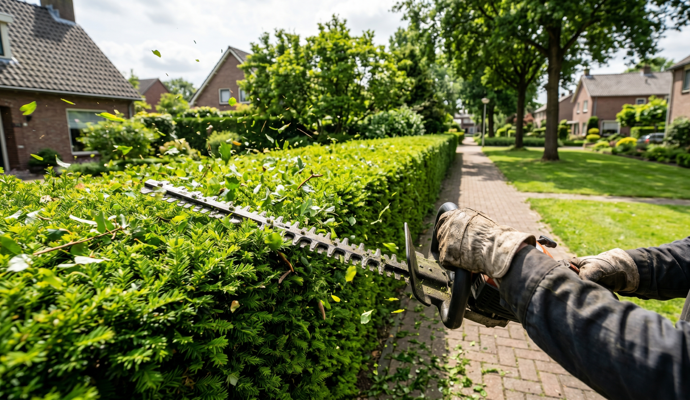 Person wearing gloves using hedge trimmer to cut a green hedge along a sidewalk in a suburban neighborhood