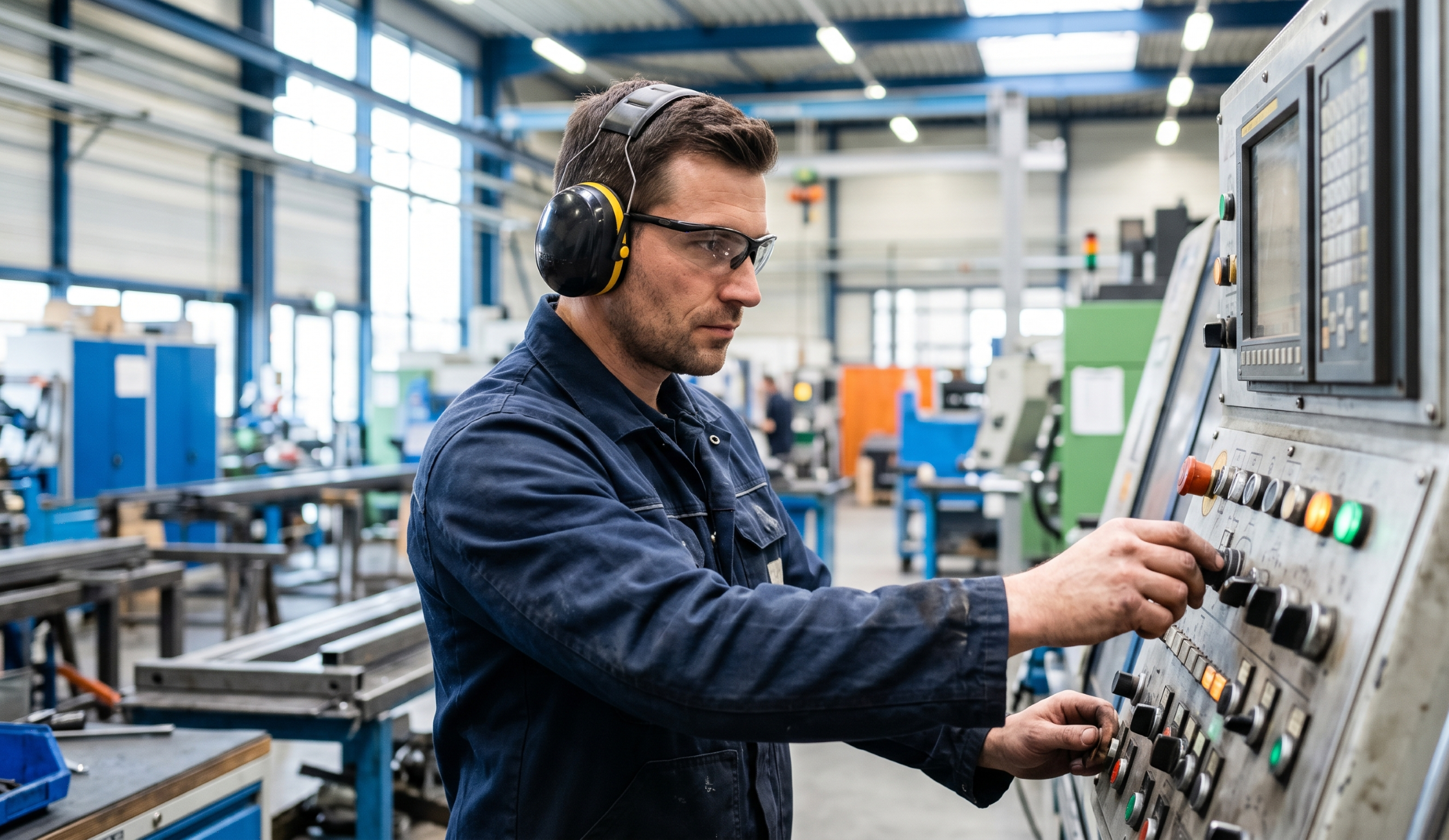 Factory worker in blue overalls wearing safety glasses and earmuffs adjusts a large control panel in a bright industrial setting with machines in the background.