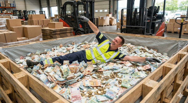 A man is swimming in cash