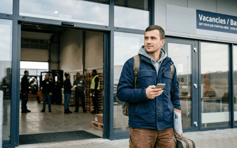 Man stands outside with phone and resume in his hands looking for a job.
