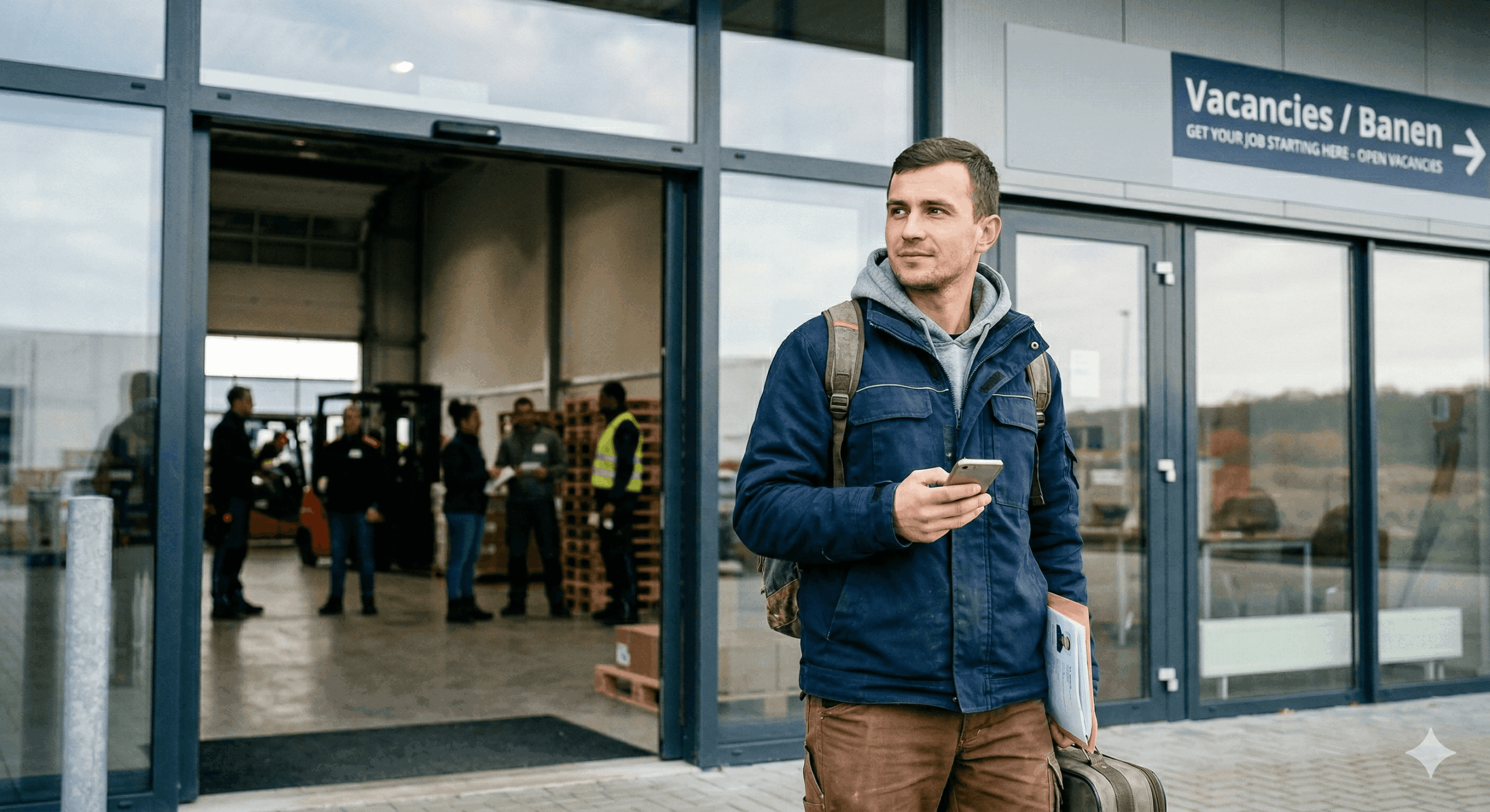 Man stands outside with phone and resume in his hands looking for a job.