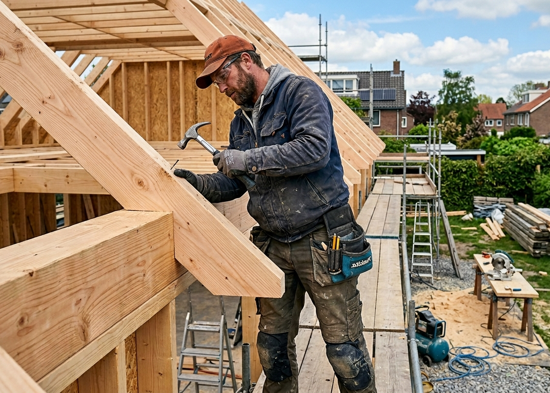 Een timmerman die bezig is met timmer werkzaamhedne buiten