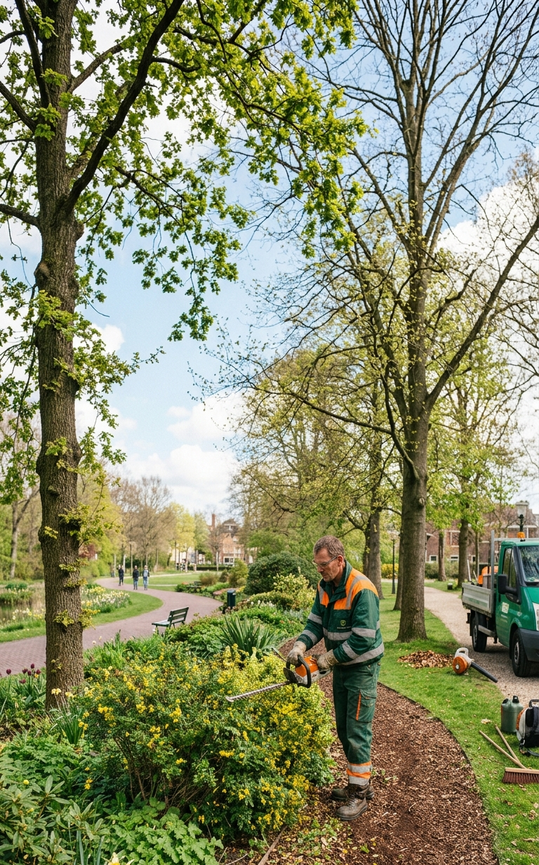 Een groenvoorziener die bezig is met het onderhouden van een struik